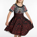 Custom Penrith Panthers Kid Short Sleeve Dress Black Panther Warrior Polynesia Islander Rugby Mascot