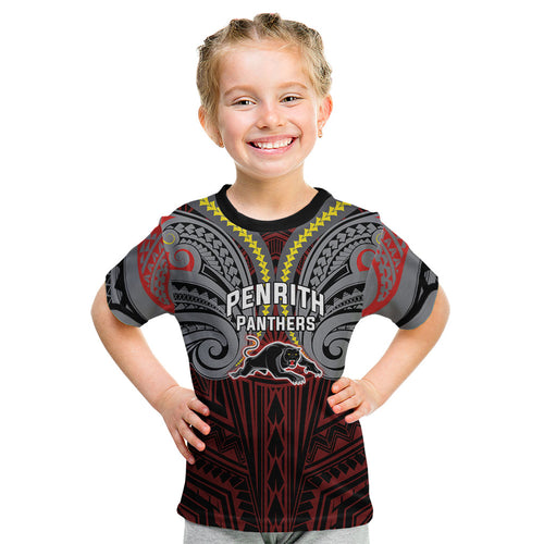 Custom Penrith Panthers Kid T Shirt Black Panther Warrior Polynesia Islander Rugby Mascot