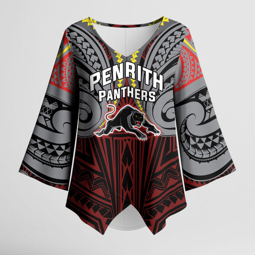 Custom Penrith Panthers Kimono Sleeve Blouse Black Panther Warrior Polynesia Islander Rugby Mascot