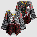 Custom Penrith Panthers Kimono Sleeve Blouse Black Panther Warrior Polynesia Islander Rugby Mascot