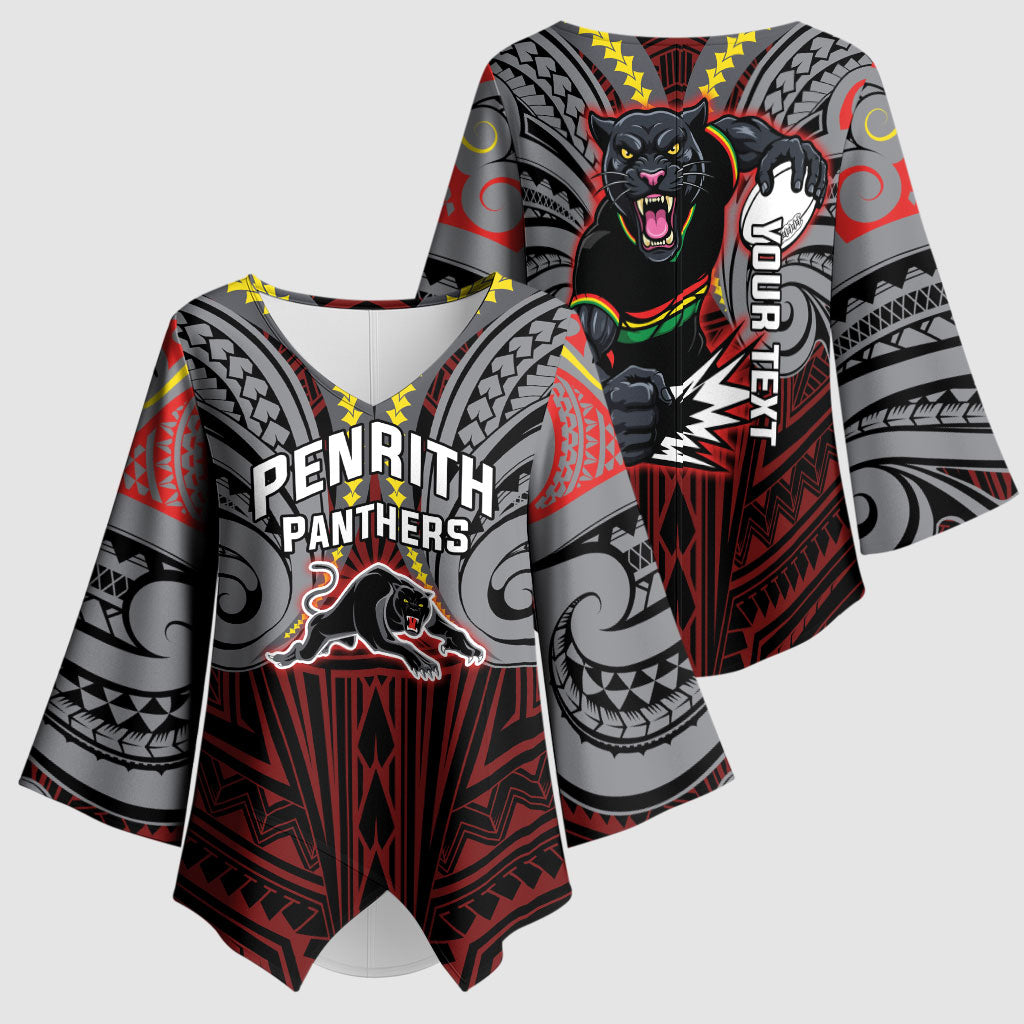 Custom Penrith Panthers Kimono Sleeve Blouse Black Panther Warrior Polynesia Islander Rugby Mascot