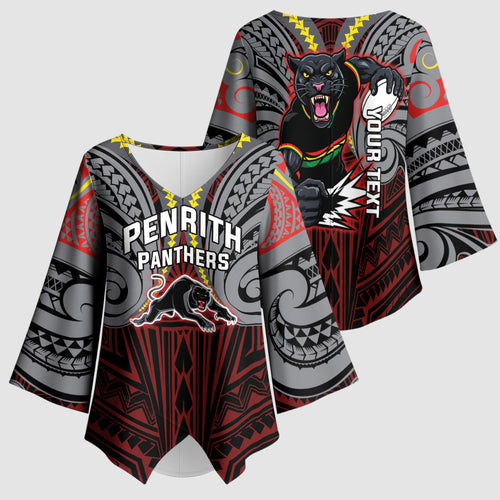 Custom Penrith Panthers Kimono Sleeve Blouse Black Panther Warrior Polynesia Islander Rugby Mascot