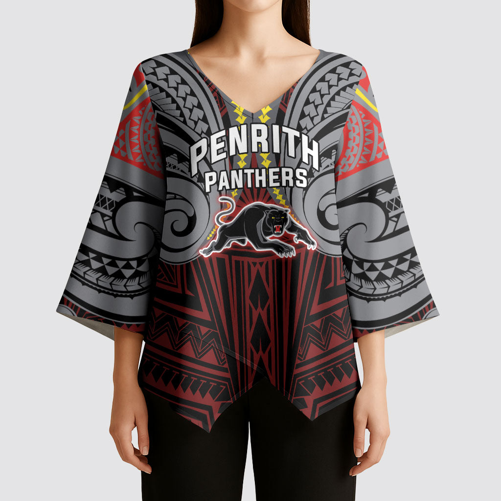 Custom Penrith Panthers Kimono Sleeve Blouse Black Panther Warrior Polynesia Islander Rugby Mascot