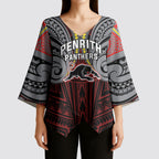 Custom Penrith Panthers Kimono Sleeve Blouse Black Panther Warrior Polynesia Islander Rugby Mascot