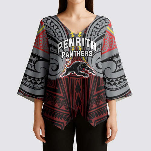 Custom Penrith Panthers Kimono Sleeve Blouse Black Panther Warrior Polynesia Islander Rugby Mascot