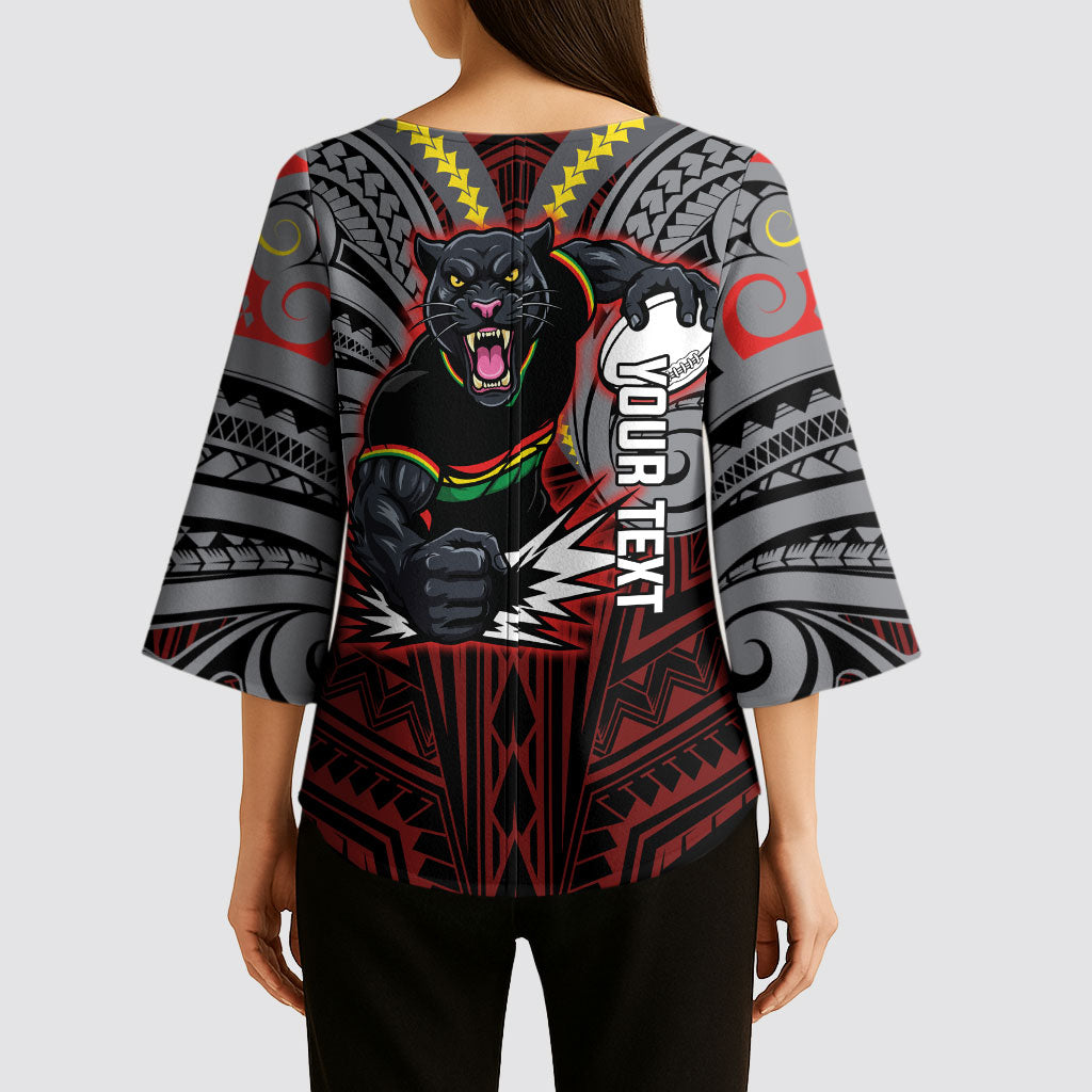 Custom Penrith Panthers Kimono Sleeve Blouse Black Panther Warrior Polynesia Islander Rugby Mascot