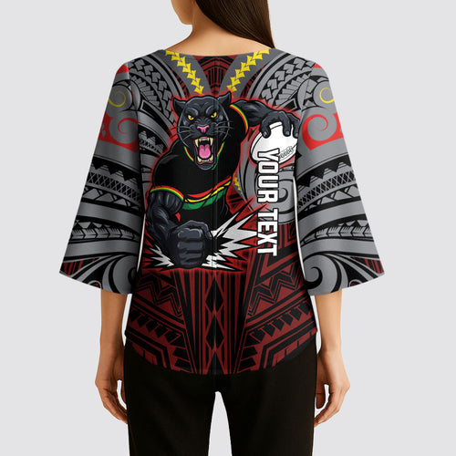 Custom Penrith Panthers Kimono Sleeve Blouse Black Panther Warrior Polynesia Islander Rugby Mascot