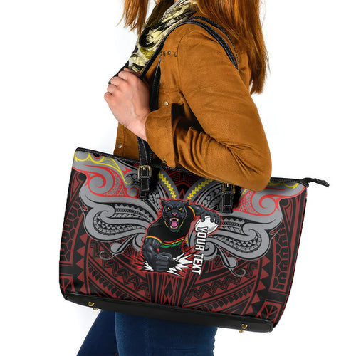 Custom Penrith Panthers Leather Tote Bag Black Panther Warrior Polynesia Islander Rugby Mascot