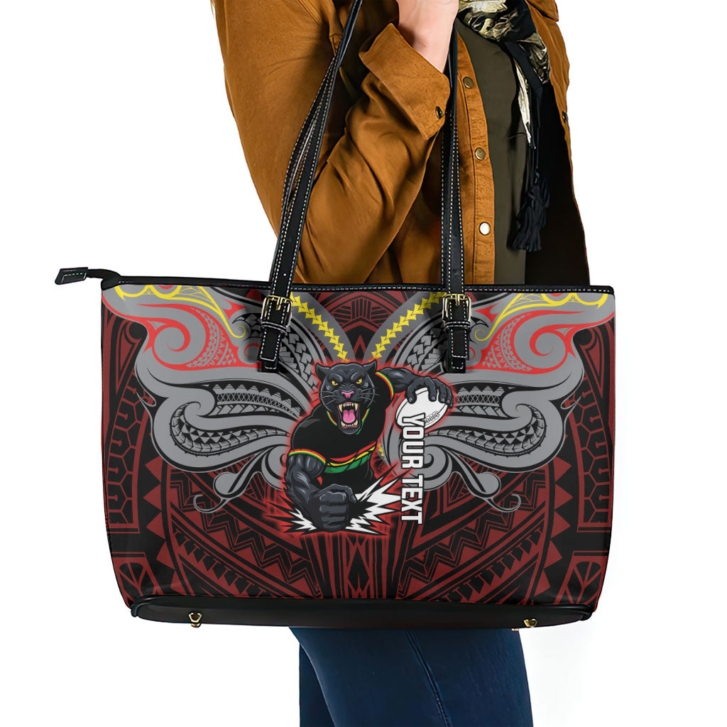 Custom Penrith Panthers Leather Tote Bag Black Panther Warrior Polynesia Islander Rugby Mascot