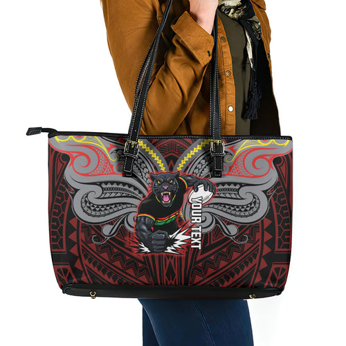 Custom Penrith Panthers Leather Tote Bag Black Panther Warrior Polynesia Islander Rugby Mascot
