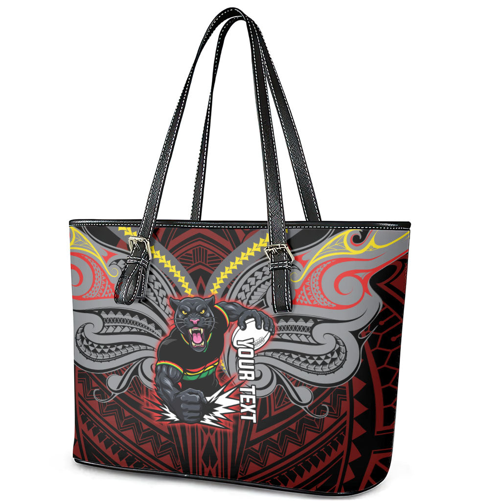 Custom Penrith Panthers Leather Tote Bag Black Panther Warrior Polynesia Islander Rugby Mascot