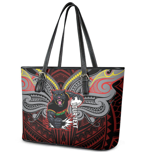 Custom Penrith Panthers Leather Tote Bag Black Panther Warrior Polynesia Islander Rugby Mascot