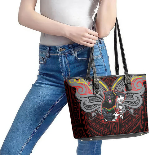 Custom Penrith Panthers Leather Tote Bag Black Panther Warrior Polynesia Islander Rugby Mascot