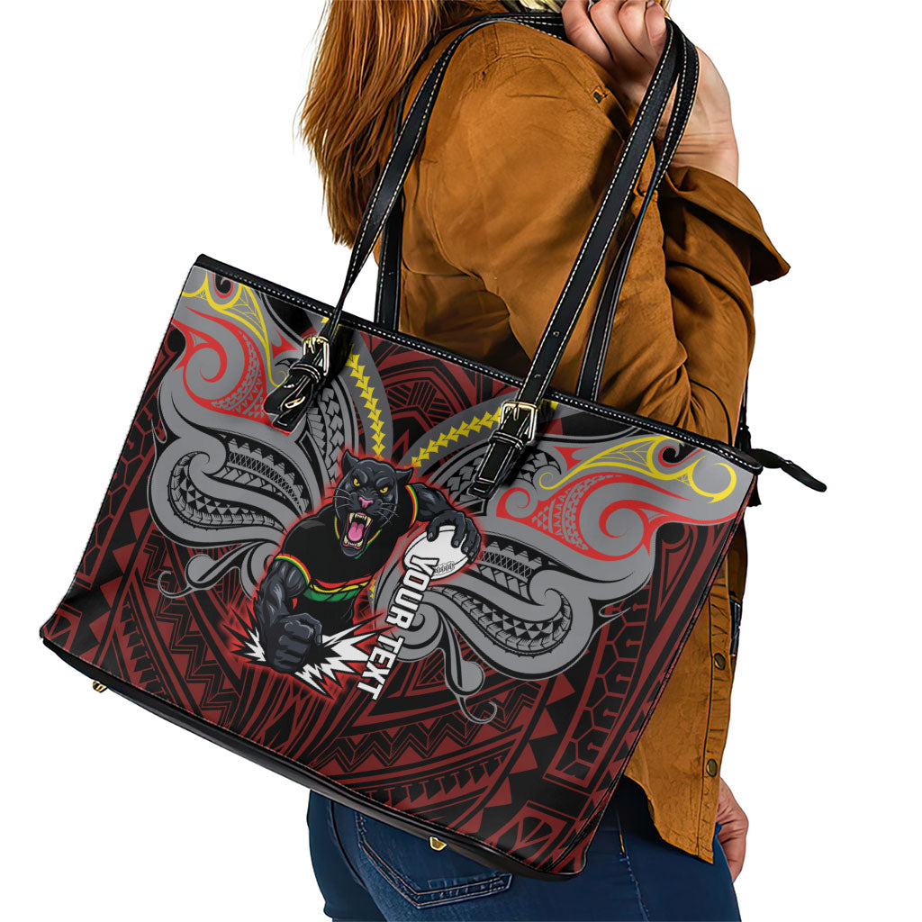 Custom Penrith Panthers Leather Tote Bag Black Panther Warrior Polynesia Islander Rugby Mascot