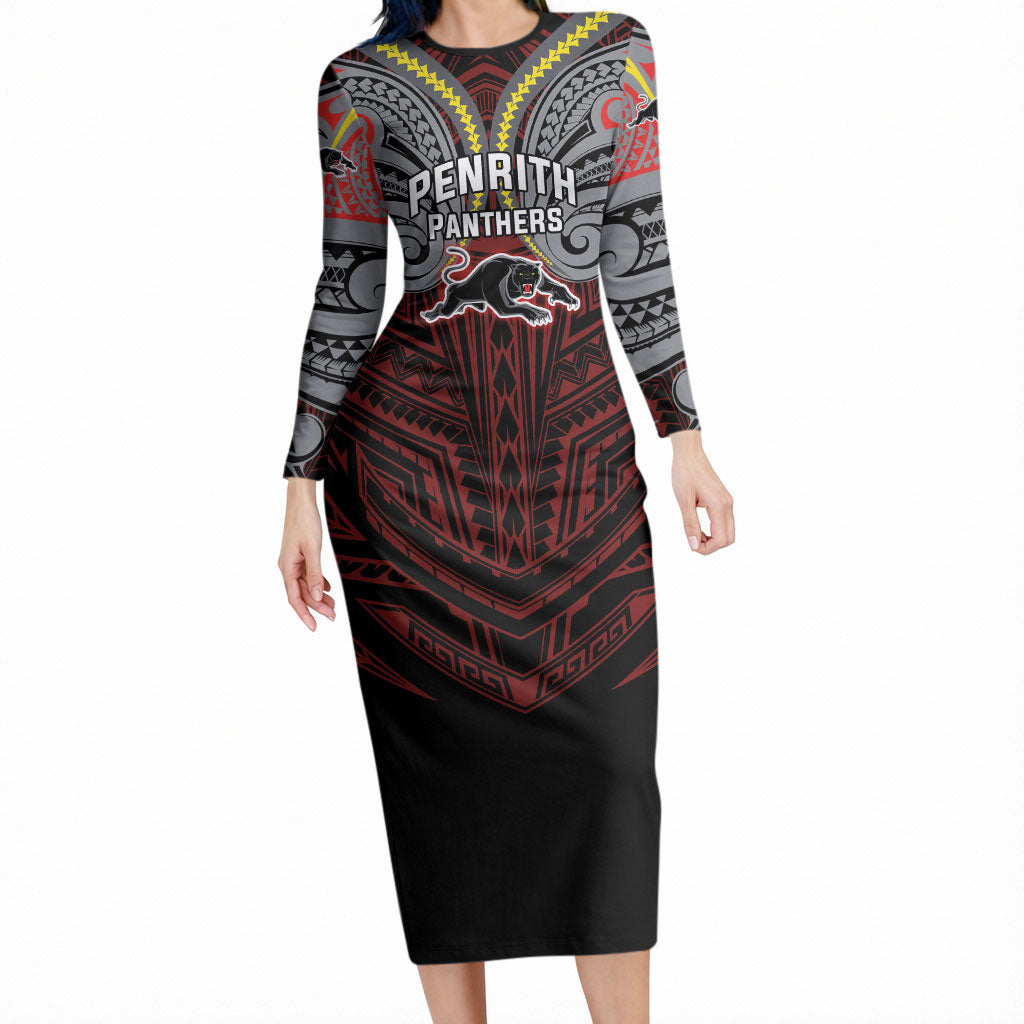 Custom Penrith Panthers Long Sleeve Bodycon Dress Black Panther Warrior Polynesia Islander Rugby Mascot