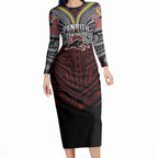 Custom Penrith Panthers Long Sleeve Bodycon Dress Black Panther Warrior Polynesia Islander Rugby Mascot