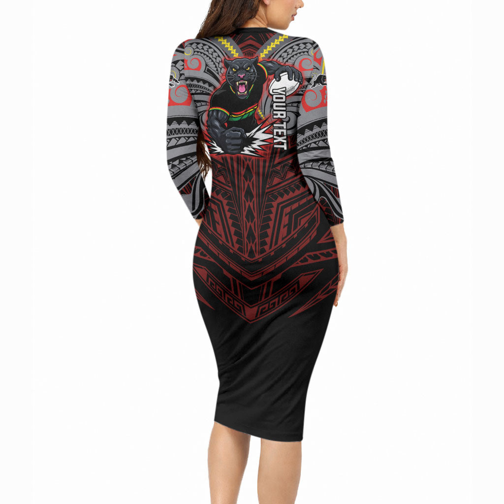 Custom Penrith Panthers Long Sleeve Bodycon Dress Black Panther Warrior Polynesia Islander Rugby Mascot