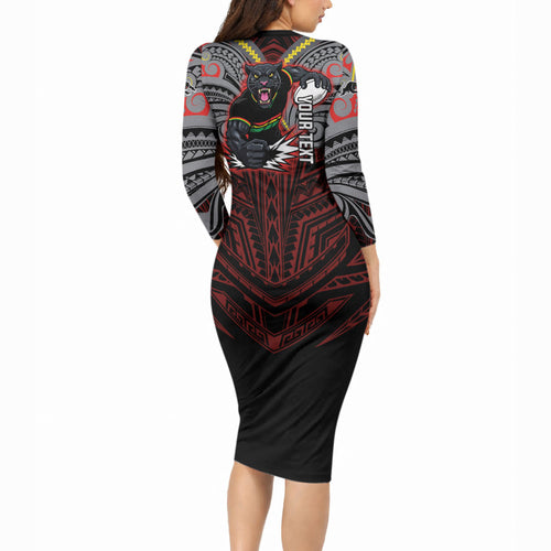 Custom Penrith Panthers Long Sleeve Bodycon Dress Black Panther Warrior Polynesia Islander Rugby Mascot