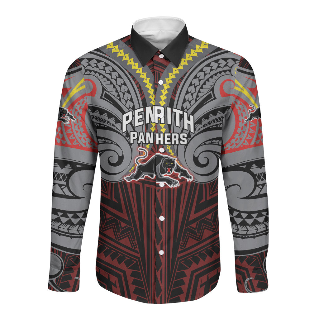 Custom Penrith Panthers Long Sleeve Button Shirt Black Panther Warrior Polynesia Islander Rugby Mascot