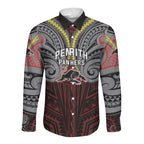 Custom Penrith Panthers Long Sleeve Button Shirt Black Panther Warrior Polynesia Islander Rugby Mascot