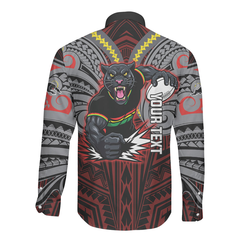 Custom Penrith Panthers Long Sleeve Button Shirt Black Panther Warrior Polynesia Islander Rugby Mascot