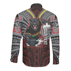 Custom Penrith Panthers Long Sleeve Button Shirt Black Panther Warrior Polynesia Islander Rugby Mascot