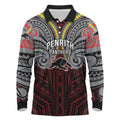 Custom Penrith Panthers Long Sleeve Polo Shirt Black Panther Warrior Polynesia Islander Rugby Mascot
