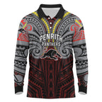 Custom Penrith Panthers Long Sleeve Polo Shirt Black Panther Warrior Polynesia Islander Rugby Mascot