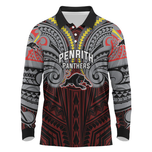 Custom Penrith Panthers Long Sleeve Polo Shirt Black Panther Warrior Polynesia Islander Rugby Mascot