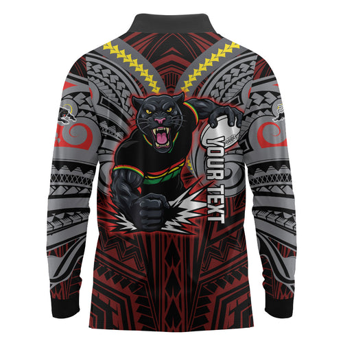 Custom Penrith Panthers Long Sleeve Polo Shirt Black Panther Warrior Polynesia Islander Rugby Mascot