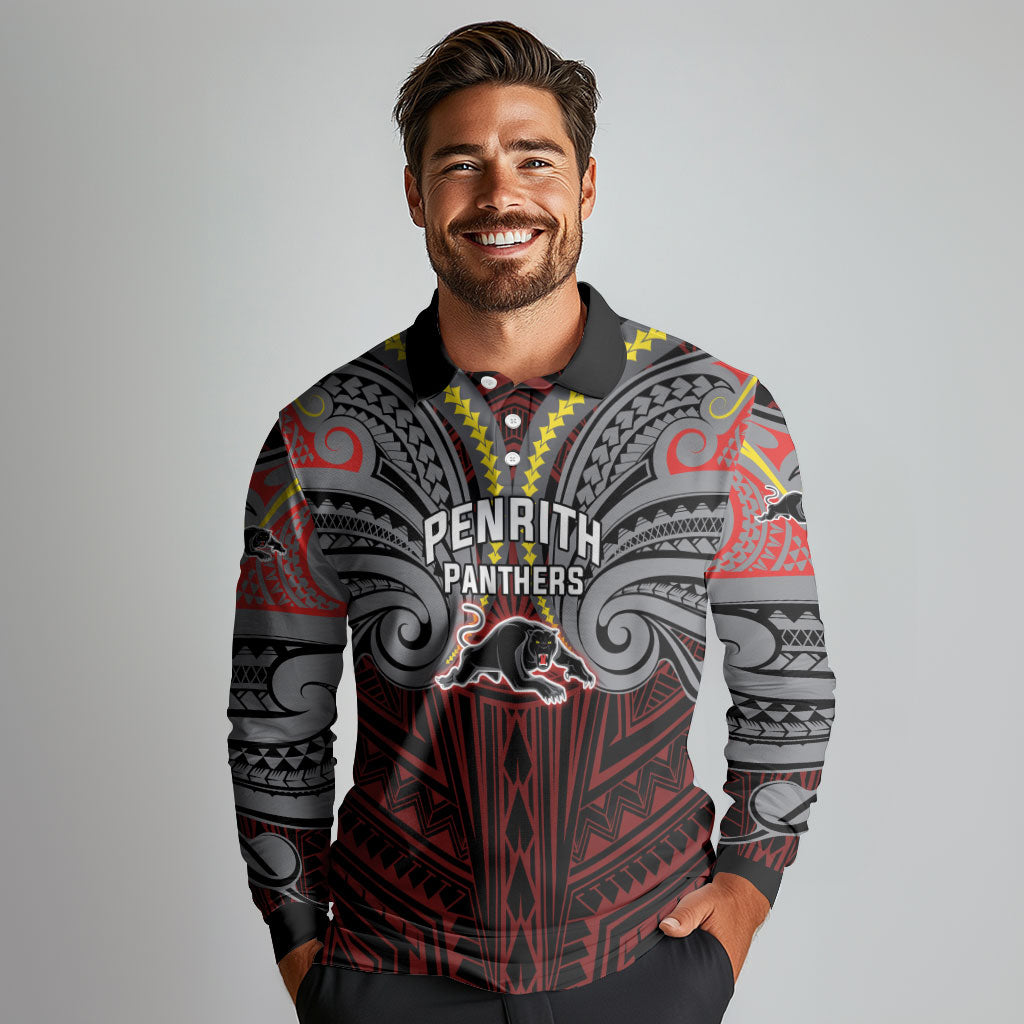 Custom Penrith Panthers Long Sleeve Polo Shirt Black Panther Warrior Polynesia Islander Rugby Mascot