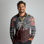 Custom Penrith Panthers Long Sleeve Polo Shirt Black Panther Warrior Polynesia Islander Rugby Mascot