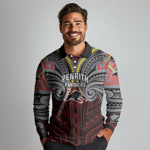 Custom Penrith Panthers Long Sleeve Polo Shirt Black Panther Warrior Polynesia Islander Rugby Mascot