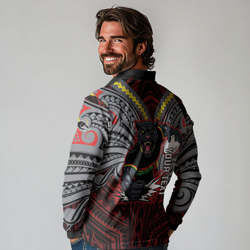Custom Penrith Panthers Long Sleeve Polo Shirt Black Panther Warrior Polynesia Islander Rugby Mascot