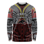 Custom Penrith Panthers Long Sleeve Shirt Black Panther Warrior Polynesia Islander Rugby Mascot