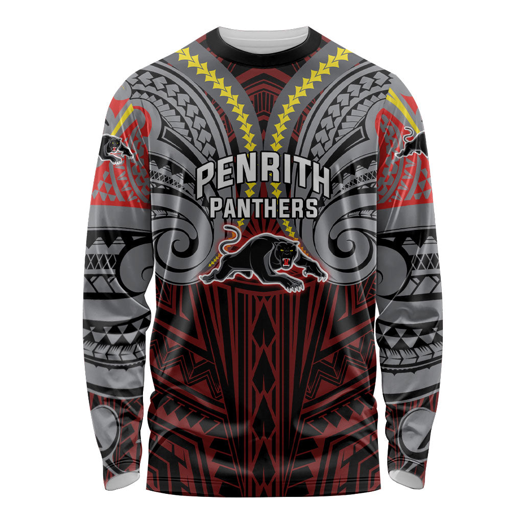 Custom Penrith Panthers Long Sleeve Shirt Black Panther Warrior Polynesia Islander Rugby Mascot
