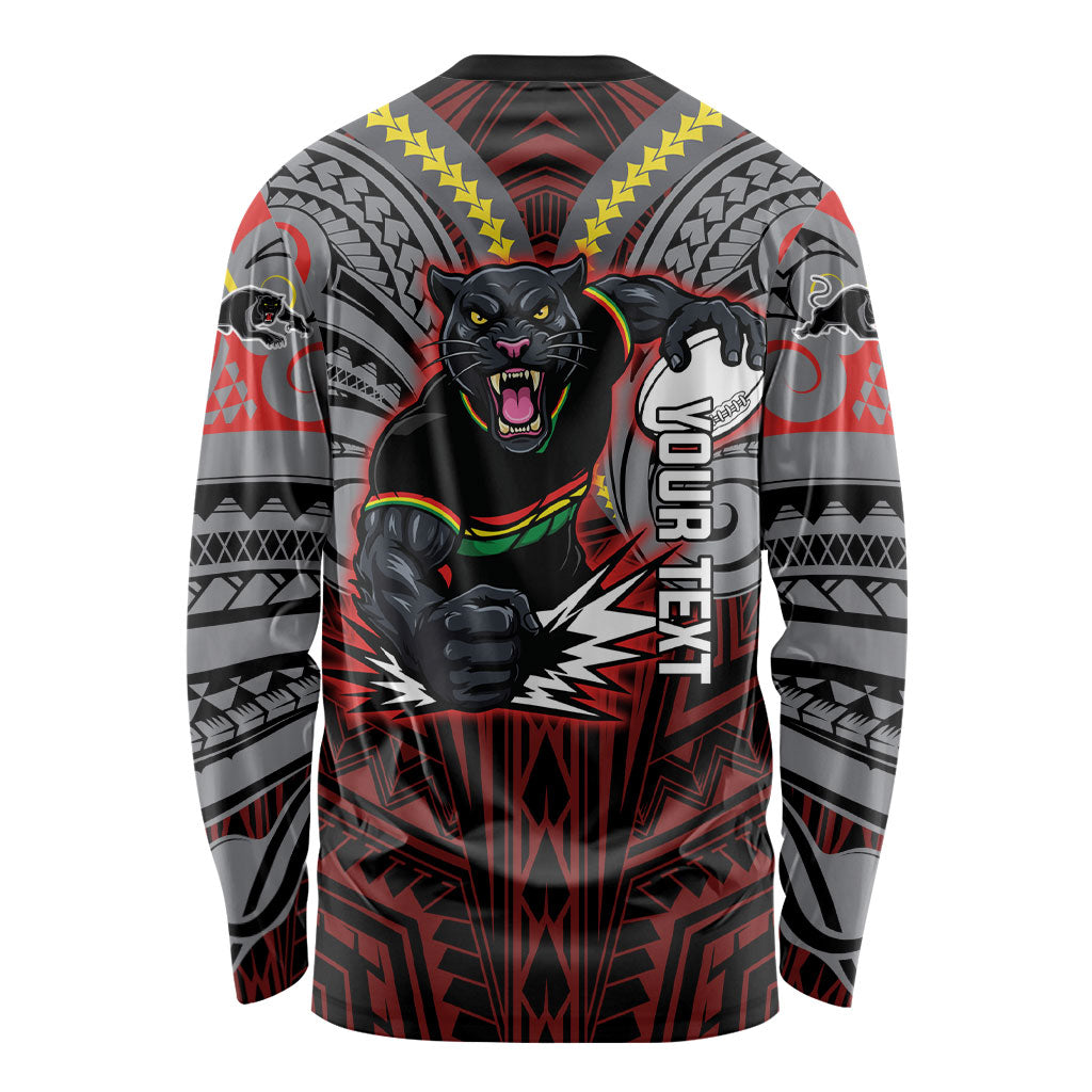 Custom Penrith Panthers Long Sleeve Shirt Black Panther Warrior Polynesia Islander Rugby Mascot