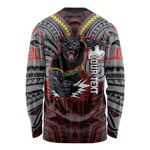 Custom Penrith Panthers Long Sleeve Shirt Black Panther Warrior Polynesia Islander Rugby Mascot