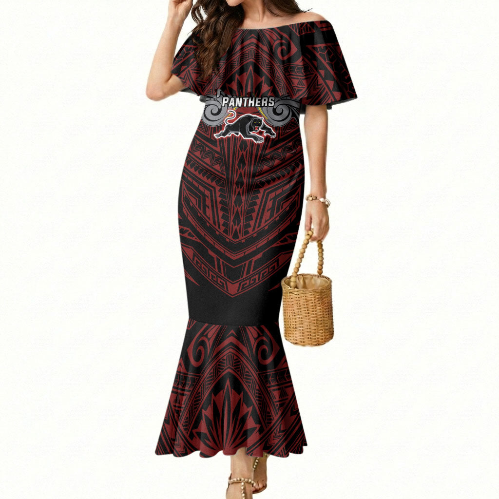 Custom Penrith Panthers Mermaid Dress Black Panther Warrior Polynesia Islander Rugby Mascot