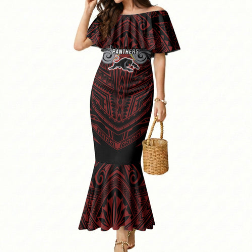 Custom Penrith Panthers Mermaid Dress Black Panther Warrior Polynesia Islander Rugby Mascot