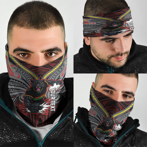 Custom Penrith Panthers Neck Gaiter Black Panther Warrior Polynesia Islander Rugby Mascot