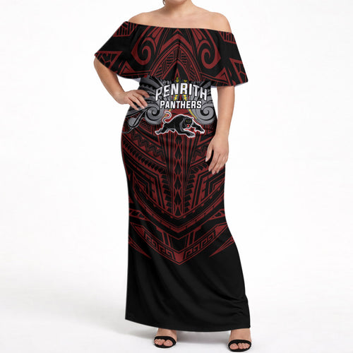 Custom Penrith Panthers Off Shoulder Maxi Dress Black Panther Warrior Polynesia Islander Rugby Mascot