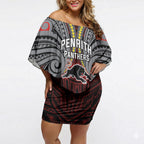 Custom Penrith Panthers Off Shoulder Short Dress Black Panther Warrior Polynesia Islander Rugby Mascot