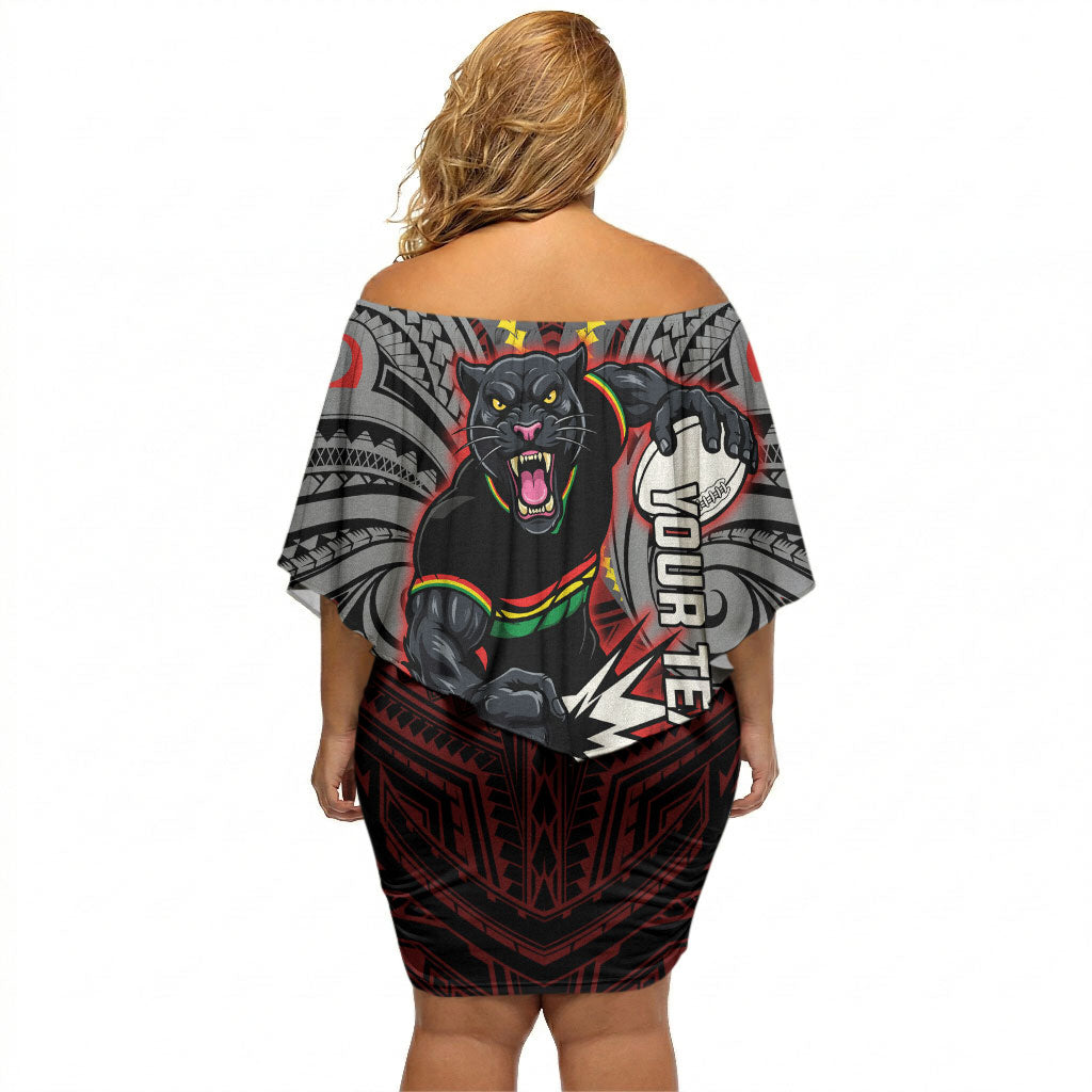 Custom Penrith Panthers Off Shoulder Short Dress Black Panther Warrior Polynesia Islander Rugby Mascot