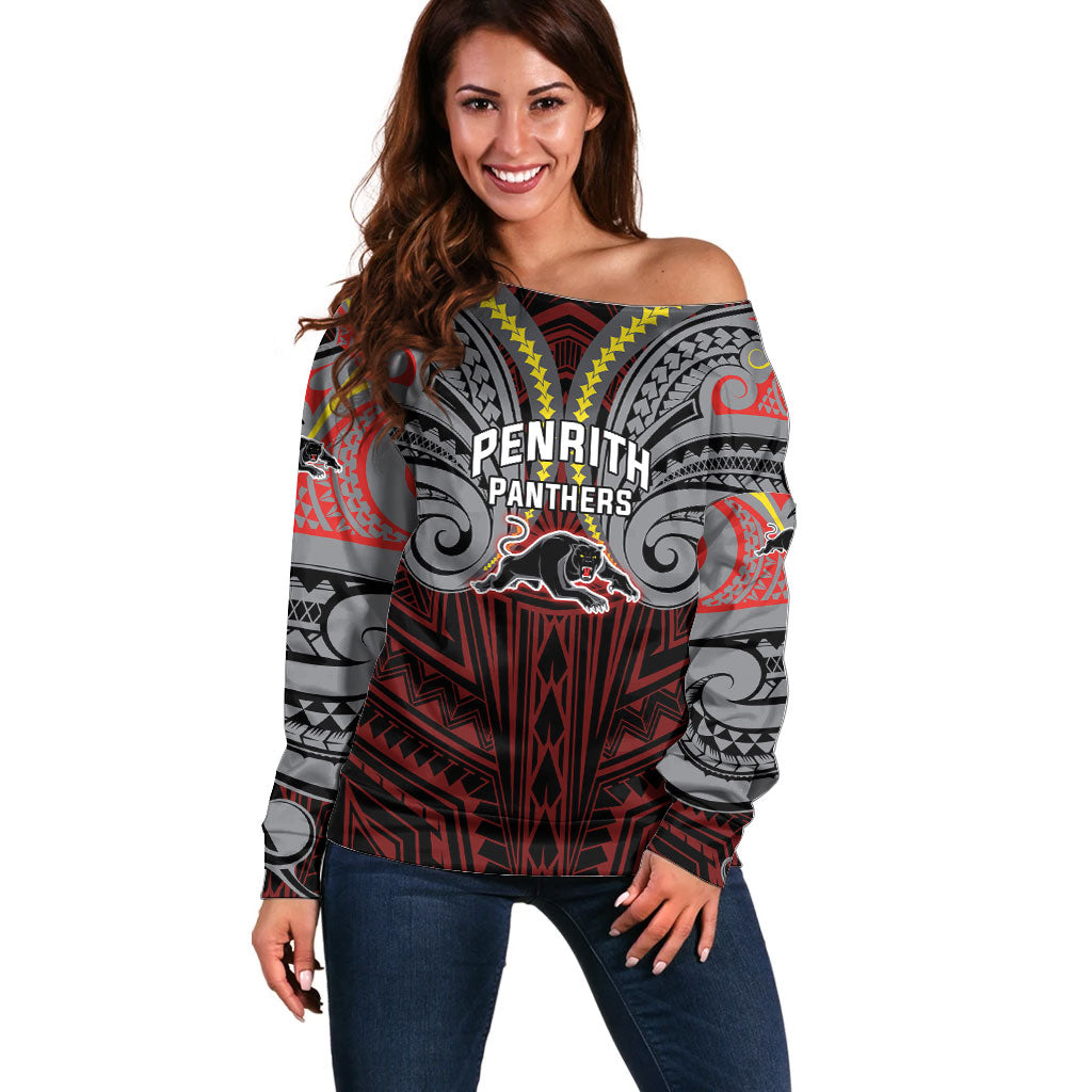 Custom Penrith Panthers Off Shoulder Sweater Black Panther Warrior Polynesia Islander Rugby Mascot