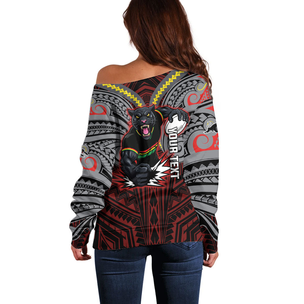Custom Penrith Panthers Off Shoulder Sweater Black Panther Warrior Polynesia Islander Rugby Mascot