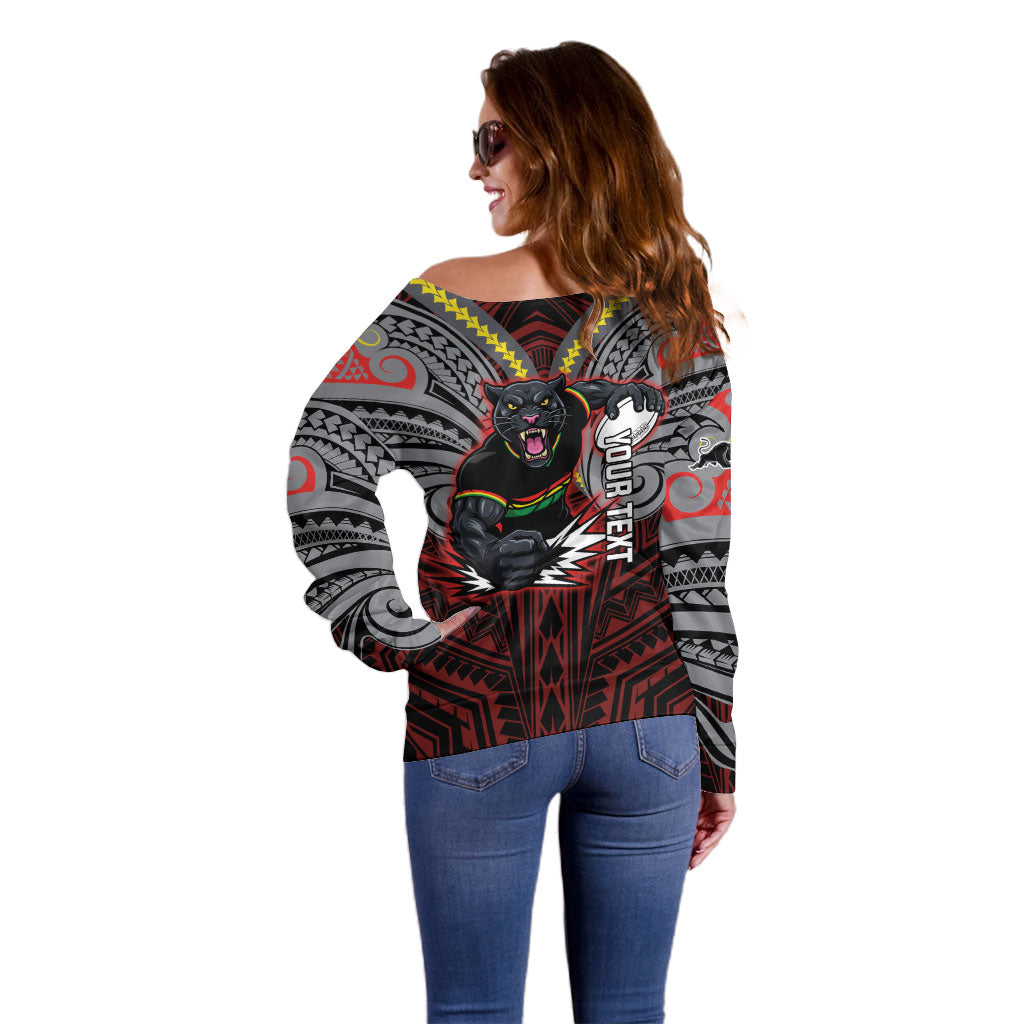 Custom Penrith Panthers Off Shoulder Sweater Black Panther Warrior Polynesia Islander Rugby Mascot
