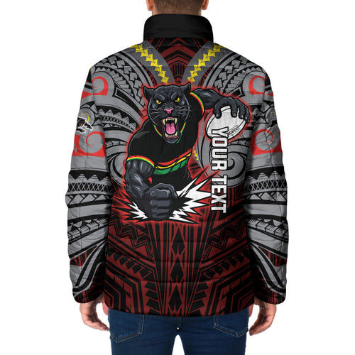 Custom Penrith Panthers Padded Jacket Black Panther Warrior Polynesia Islander Rugby Mascot