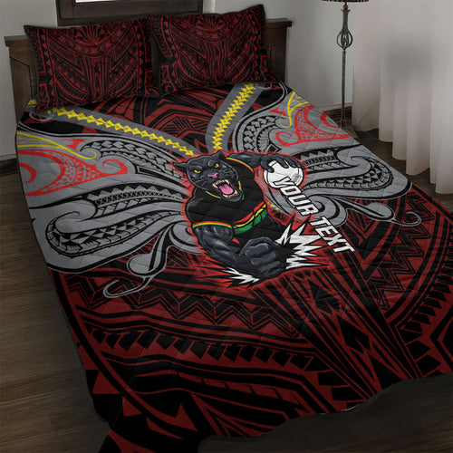 Custom Penrith Panthers Quilt Bed Set Black Panther Warrior Polynesia Islander Rugby Mascot