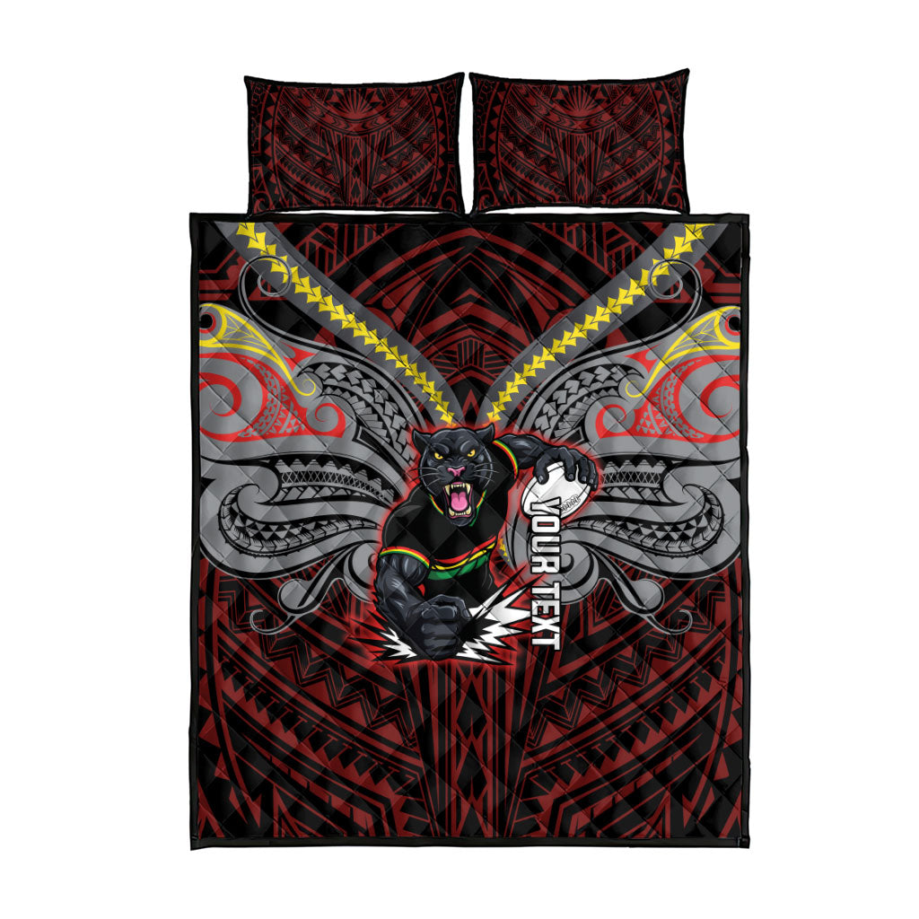 Custom Penrith Panthers Quilt Bed Set Black Panther Warrior Polynesia Islander Rugby Mascot